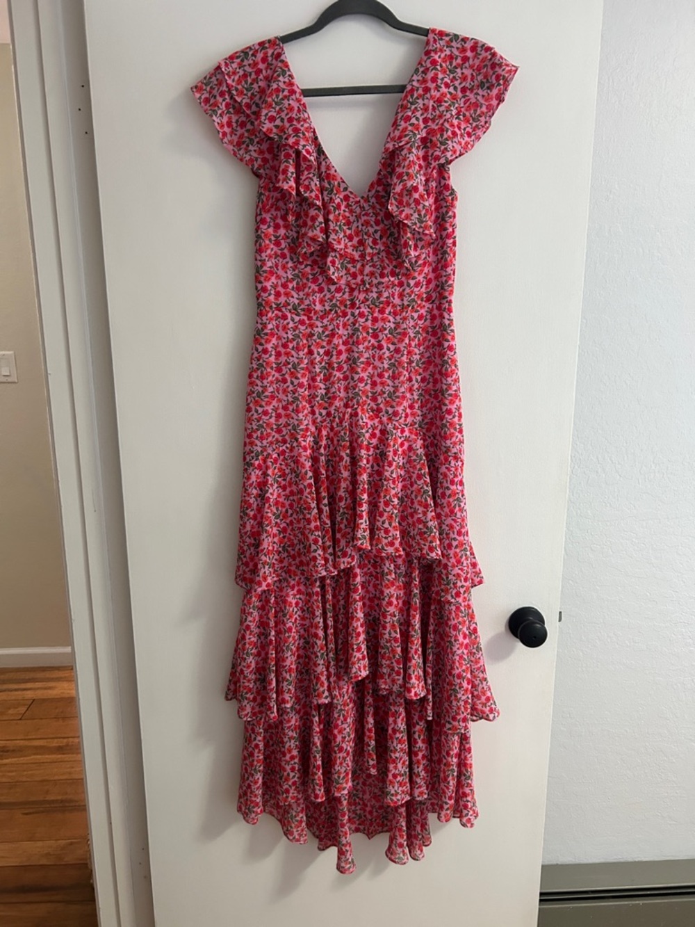 Wayf Pink Floral High-Low Ruffle Maxi Dress